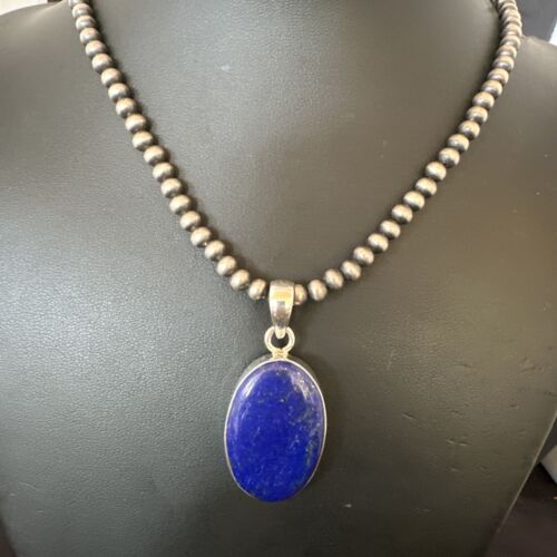Navajo Blue Lapis Pendant with Pearls | Sterling Silver Necklace | 20" | Authentic Native American Handmade | 16662