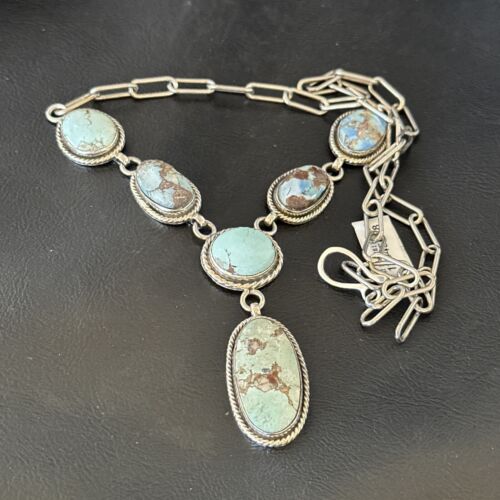 Navajo Blue Golden Hills Turquoise Lariat Necklace Pendant | Sterling Silver | Authentic Native American Handmade | 16282