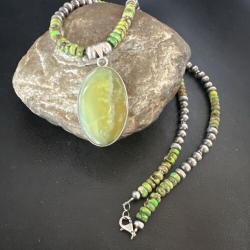 Navajo Green Turquoise Pendant Necklace | Sterling Silver | Authentic Native American Handmade | 16919