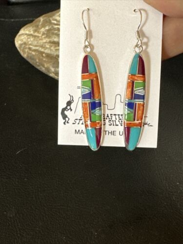 Southwestern Sterling Silver Multi-Color Turquoise Lapis Inlay Earrings | Authentic Native American Handmade | 14937