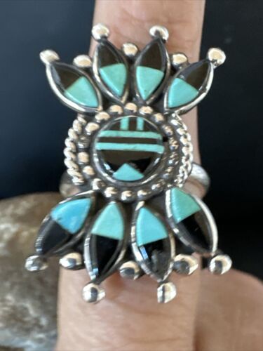 Zuni Blue Turquoise Black Onyx Sunface Inlay Ring | Sterling Silver | Sz 8 | 16432