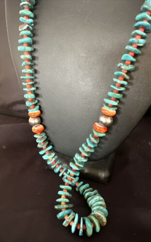 Navajo Blue Turquoise & Spiny Oyster Graduated Necklace | Sterling Silver | Authentic Native American | 28" | 14887