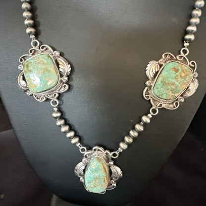 Navajo Green Royston Turquoise Pendant Necklace | Sterling Silver | Authentic Native American Handmade | 15252