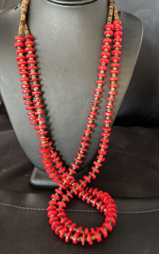 Navajo Red Coral Shell Bead Necklace | Sterling Silver | 30" | Authentic Native American Handmade | 15283