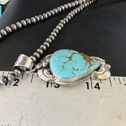 Navajo Blue Turquoise #8 Pendant | Sterling Silver Pearls Necklace | Authentic Native American Handmade | 15443