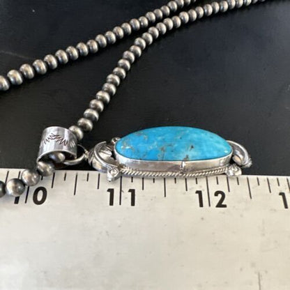 Navajo Kingman Turquoise Pendant Necklace | Sterling Silver Pearls | Authentic Native American Handmade | 15212 - Masha USA