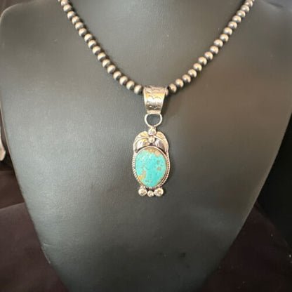 Navajo Blue Turquoise #8 Pendant | Sterling Silver Necklace with Pearls | Authentic Native American Handmade | 15444