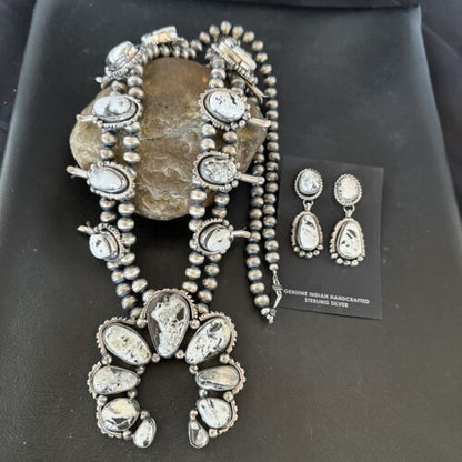 Navajo White Buffalo Turquoise Pendant | Sterling Silver Naja Squash Blossom Necklace | 17442