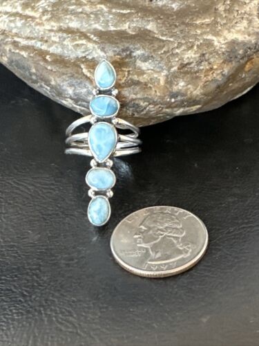 Navajo Blue Larimar Cluster Ring | Authentic Native American Sterling Silver | Multi-Stone | Sz 8 | 16157