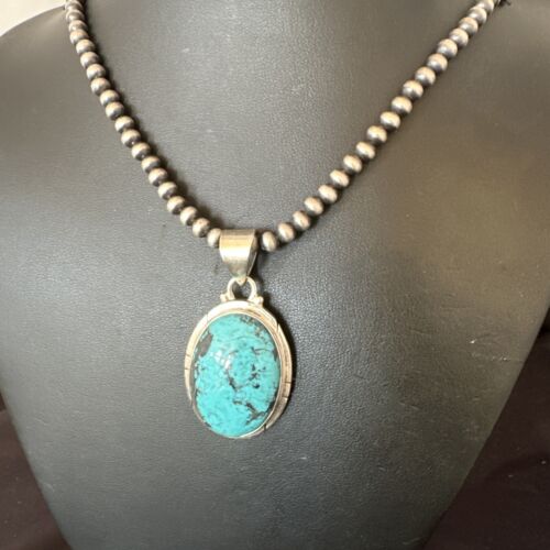 Men's Navajo Blue Spiderweb Turquoise Pendant Necklace | Sterling Silver | Authentic Native American Handmade | 16226