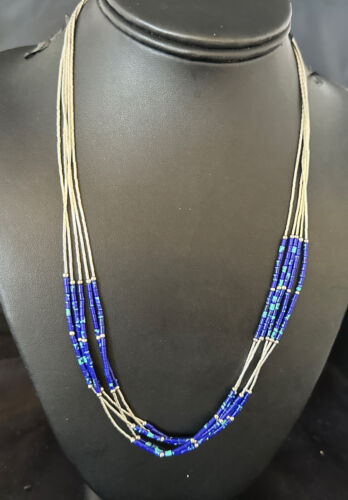 Navajo Blue Green Azurite 5-Strand Necklace | Sterling Silver | 20" | Authentic Native American Handmade | 15134