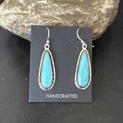 Navajo Blue Turquoise Dangle Earrings | Sterling Silver | Authentic Native American Handmade | 16511