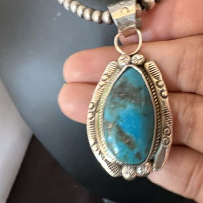 Navajo Pearls Kingman Turquoise Pendant Necklace | Sterling Silver | Authentic Native American Handmade | 17127