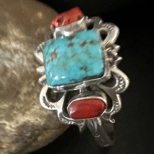 Kingman Turquoise Coral Cuff Bracelet | Navajo Tufa Cast | Sterling Silver | Authentic Native American Handmade | 16780