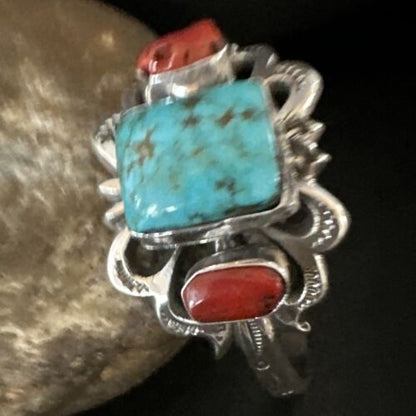 Kingman Turquoise Coral Cuff Bracelet | Navajo Tufa Cast | Sterling Silver | Authentic Native American Handmade | 16780