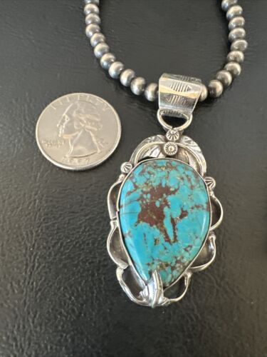 Navajo Blue Turquoise Pendant Necklace | Sterling Silver Pearls | Authentic Native American Handmade | 15640