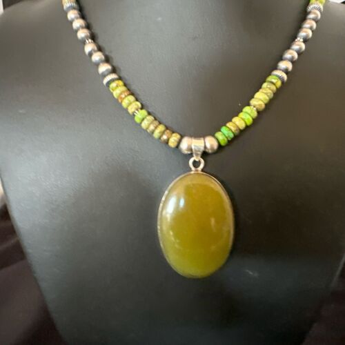 Navajo Green Turquoise Pendant Necklace | Sterling Silver | Authentic Native American Handmade | 16918