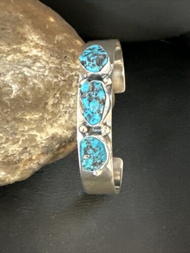 Blue Kingman Turquoise 3 Stone Cuff Bracelet | Navajo Sterling Silver | Authentic Native American Handmade | 15045