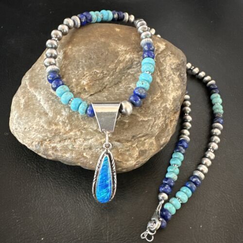 Navajo Blue Opal Turquoise Pendant Necklace | Sterling Silver | Authentic Native American Handmade | 16764