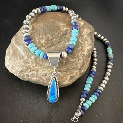 Navajo Blue Opal Turquoise Pendant Necklace | Sterling Silver | Authentic Native American Handmade | 16764