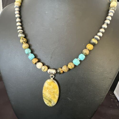 Men's BumbleBee Jasper Pendant Necklace | Navajo Pearls | Sterling Silver | Authentic Native American Handmade | 16876