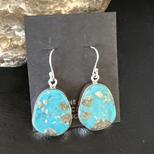 Navajo Blue Turquoise Dangle Earrings | Sterling Silver | Authentic Native American Handmade | 15433