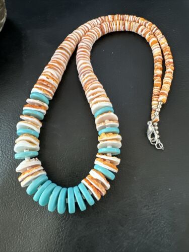 Navajo Sterling Silver Blue Turquoise & Spiny Oyster Graduated Necklace | Authentic Native American | 23" | 16902