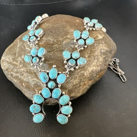 Blue SB Kingman Turquoise Sterling Silver Squash Blossom Necklace 16828