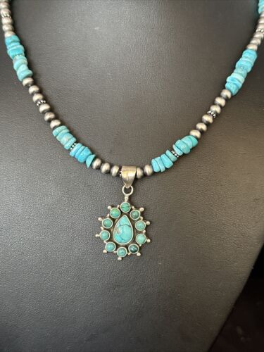 Navajo Kingman Turquoise Pendant Necklace | Sterling Silver | Native American Handmade | 14828