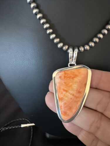Navajo Pearls Orange Spiny Oyster Necklace Pendant | Sterling Silver | Authentic Native American Handmade | 15003