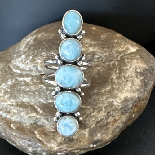 Navajo Blue Larimar Cluster Ring | Authentic Native American Sterling Silver | Multi-Stone | Sz 8 | 15932