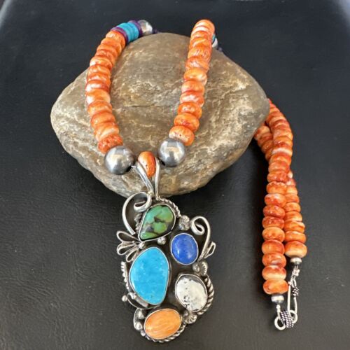 Navajo Blue Turquoise Spiny Oyster Pendant | Sterling Silver Bead Necklace | Multi-Stone | 15058