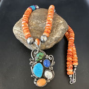Navajo Blue Turquoise Spiny Oyster Pendant | Sterling Silver Bead Necklace | Multi-Stone | 15058