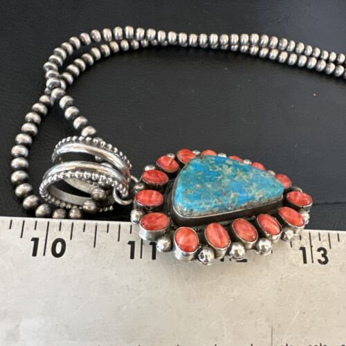 Navajo Turquoise Spiny Oyster Cluster Pendant Necklace | Sterling Silver | Native American Handmade | 17151 - Masha USA