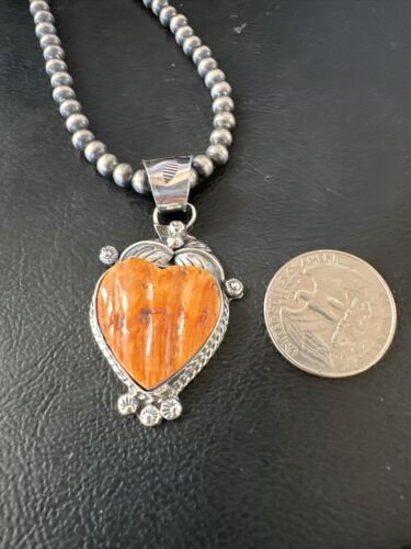 Navajo Orange Spiny Oyster Heart Pendant Necklace | Sterling Silver | Authentic Native American Handmade | 16415