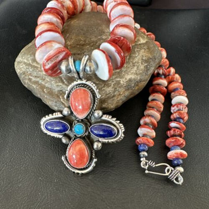 Navajo Red Spiny Oyster Lapis Pendant Necklace | Sterling Silver | Multi-Stone | 17668