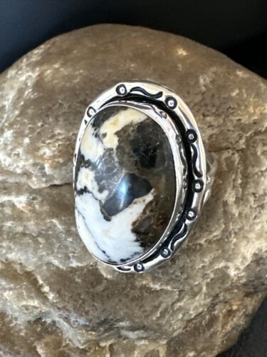 White Buffalo Turquoise Navajo Ring | Sterling Silver | Sz 9 | Authentic Native American Handmade | 16388