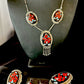 Native American Zuni Inlay Necklace Earrings Bracelet Set | Turquoise Onyx Coral | Sterling Silver | 16168
