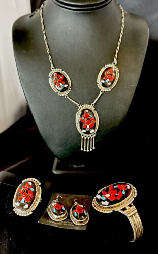 Native American Zuni Inlay Necklace Earrings Bracelet Set | Turquoise Onyx Coral | Sterling Silver | 16168