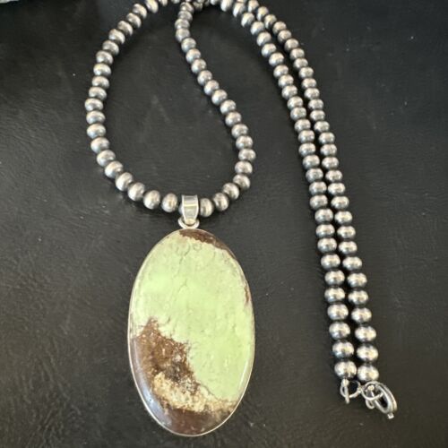 Navajo Green Gaspeite Pendant Necklace | Sterling Silver | Authentic Native American Handmade | 15486