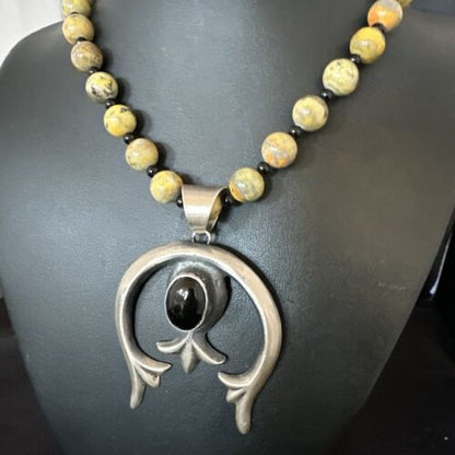 Men's Black Onyx Naja Pendant | Navajo Bumblebee Sterling Silver Necklace | Authentic Native American Handmade | 16092 - Masha USA