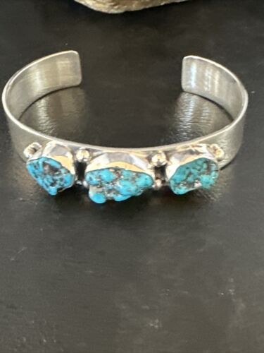 Blue Kingman Turquoise 3 Stone Cuff Bracelet | Navajo Sterling Silver | Authentic Native American Handmade | 15045