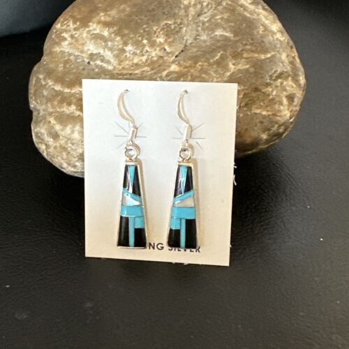 Navajo Blue Turquoise Black Onyx Inlay Earrings | Sterling Silver | 1" | Authentic Native American Handmade | 15700