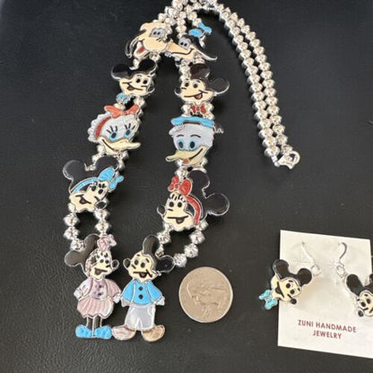 Disney Mickey Minnie Zuni Necklace Pendant | Sterling Silver Inlay | Authentic Native American Handmade | 16073