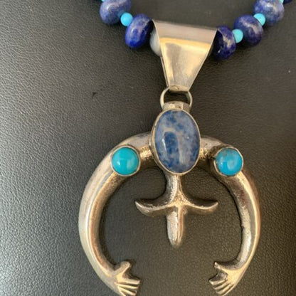 Navajo Sterling Silver Blue Denim Lapis Turquoise Pendant Necklace | Naja | Authentic Native American Handmade | 13705