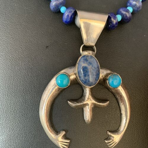Navajo Blue Denim Lapis Turquoise Naja Pendant Necklace | Sterling Silver | Native American Handmade | 13701