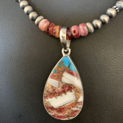 Navajo Pearls Turquoise & Spiny Oyster Pendant Necklace | Sterling Silver | 20" | Authentic Native American Handmade | 13872