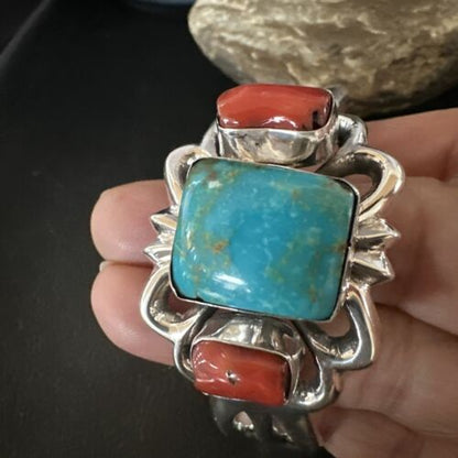Kingman Turquoise Coral Cuff Bracelet | Navajo Tufa Cast | Sterling Silver | Authentic Native American Handmade | 16779