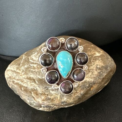 Navajo Blue Kingman Turquoise and Sugilite Cluster Ring | Authentic Native American Sterling Silver | Multi-Stone | Sz 9.5 | 16771
