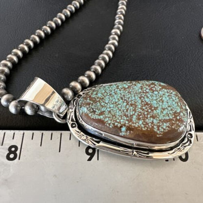Navajo Blue Turquoise #8 Pendant | Sterling Silver Necklace with Pearls | Authentic Native American Handmade | 16347